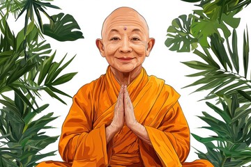 Pixelated Illustration of an Elderly Person in Orange Robe Praying Surrounded by Tropical Foliage
