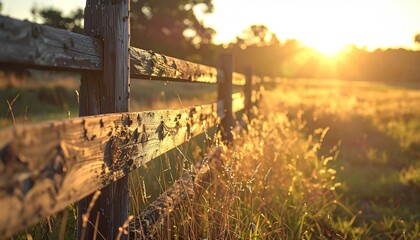 Rustic wooden fence cuts across golden field under a warm, blurry sunset