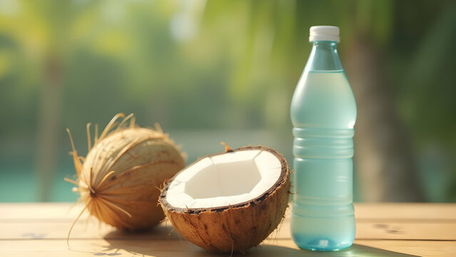 Coconut Half and Water Bottle on Wood Table in Sunlight