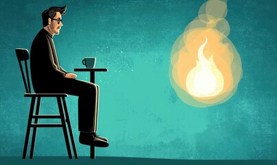 Pixelated Man in Dark Suit Contemplating Flame Under Starry Sky Digital Art