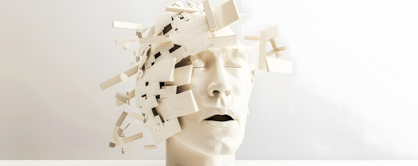 A white sculpture of a human head appears fragmented with rectangular pieces flying off, symbolizing disintegration or a breaking mind.