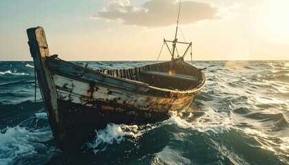 Old wooden boat bobs on choppy sea under warm, golden sunset light. Weathered