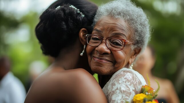 A grandmother hugs her granddaughter tenderly at the wedding