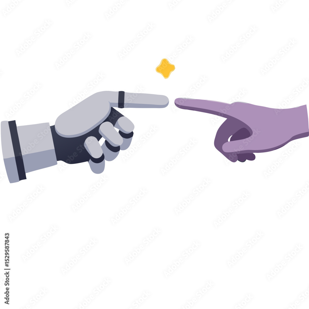 Poster human and robot hands touching sparking connection and innovation
