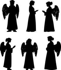 Black silhouettes of six christmas angels with wings in different poses, praying and standing