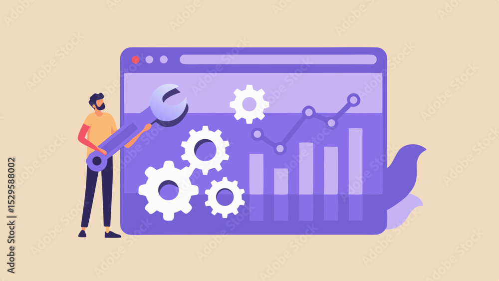 Poster website optimization and analytics illustration with man holding wrench gears charts and bird symbol