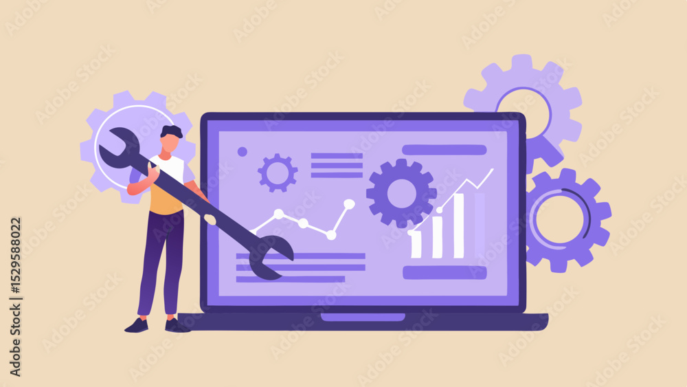 Aufkleber technical seo optimization and website maintenance man with wrench gears laptop with data charts fla