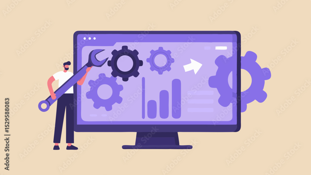 Poster man adjusting system gears on computer screen