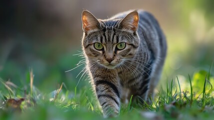 A beautiful tabby cat walks through lush green grass