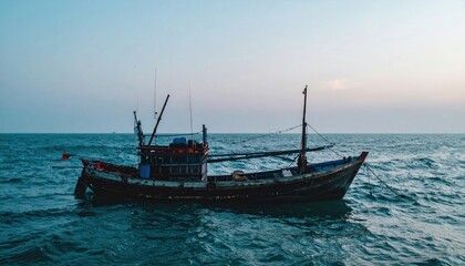 Old fishing boat adrift on a choppy sea, under a soft, pastel sunrise sky