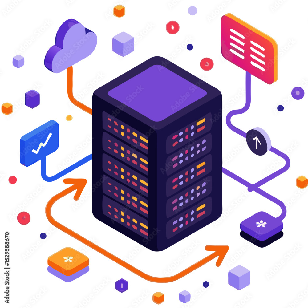 Poster isometric illustration of a data server with network connections