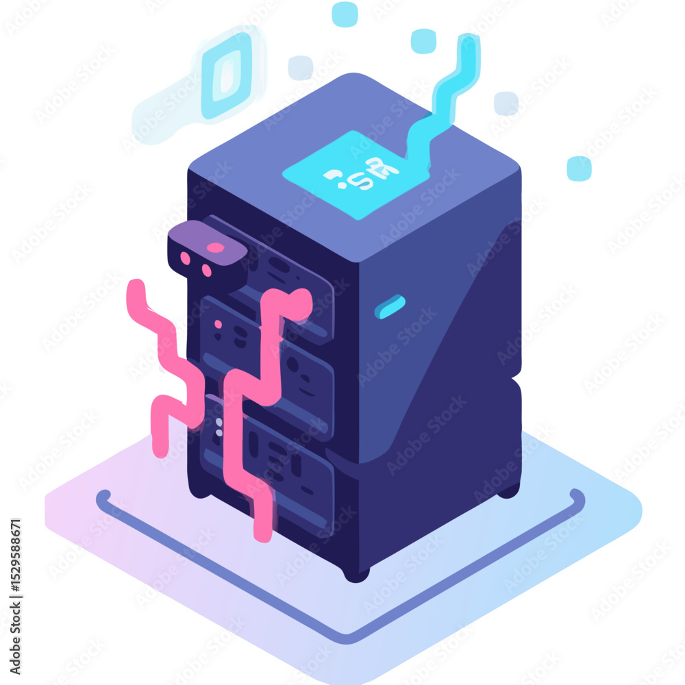 Poster isometric illustration of a futuristic server rack with data streams
