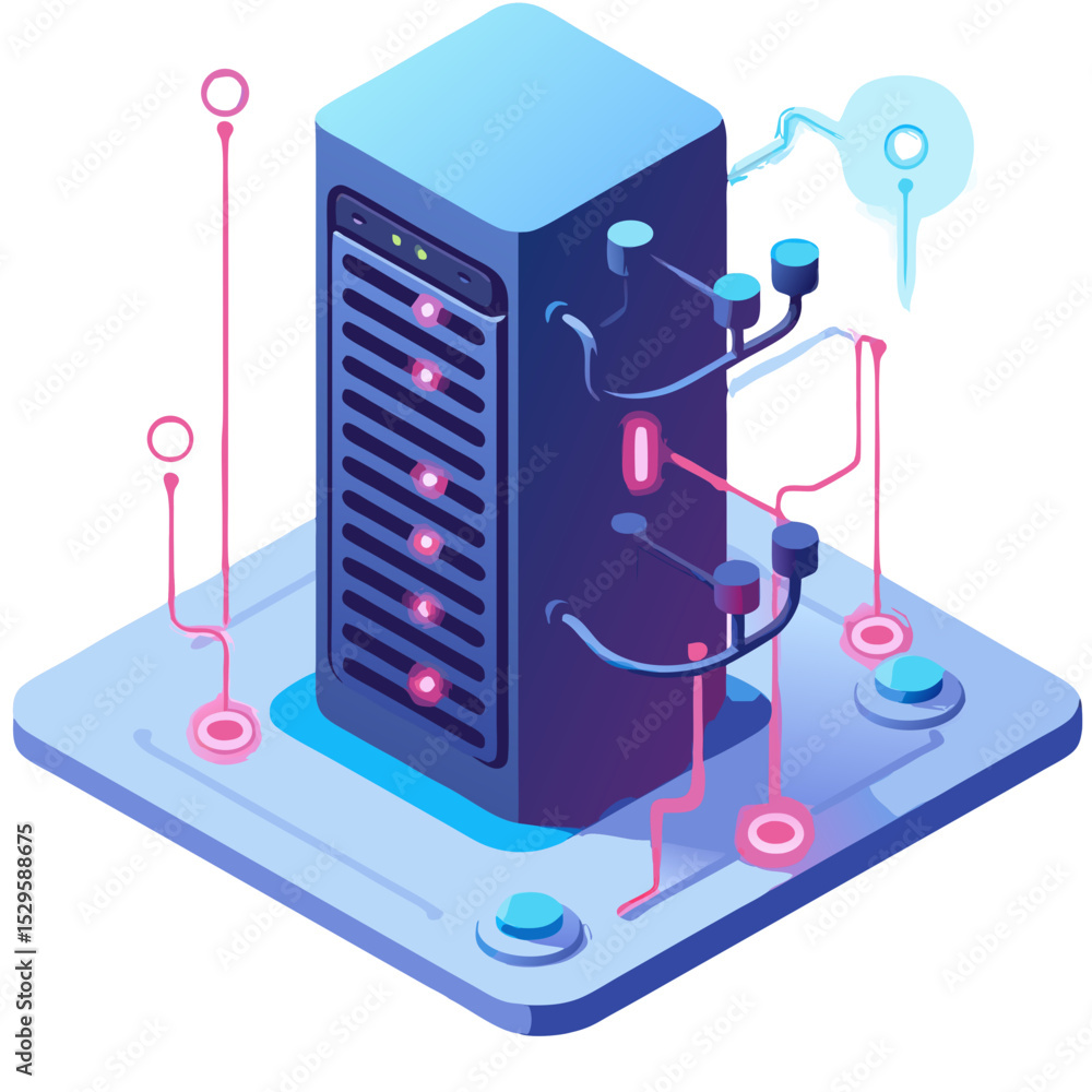 Poster isometric illustration of data server with abstract connections
