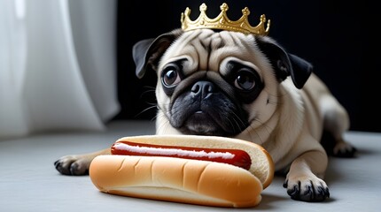 Cute Pug Wearing Crown Lying Beside Hot Dogs with Ketchup