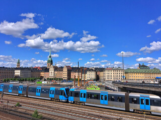 Railway tracks and trains near Stockholms main train station in Norrmalm area, Stockholm, Sweden