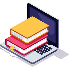 Isometric Illustration of Books and Laptop Representing Online Learning