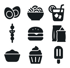 Summer Potluck Icons. Solid, filled icons set of summer food potluck: deviled eggs, pasta salad, iced tea,
