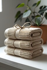 Neutral Colored Woven Towels Stack On White Surface with Houseplant