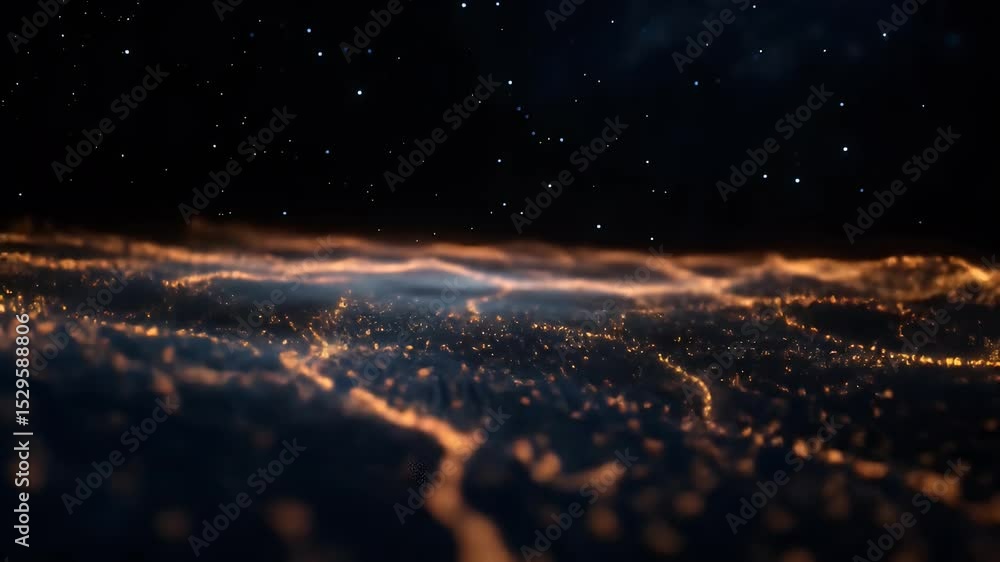 Poster abstract night sky with golden light waves and sparkling stars creating a futuristic technological n