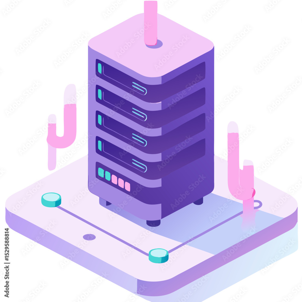 Poster isometric server with pink accents and data connection in a modern design