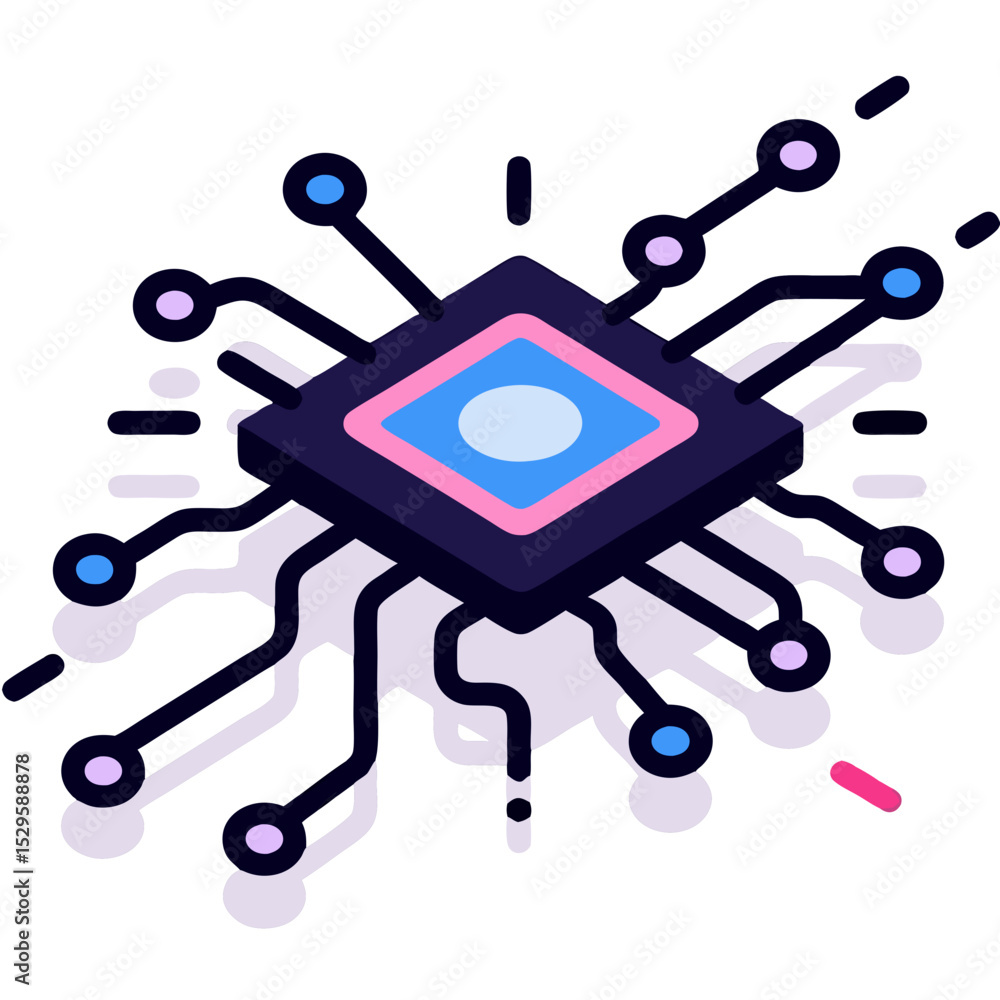 Poster isometric view of a detailed digital circuit board processor design
