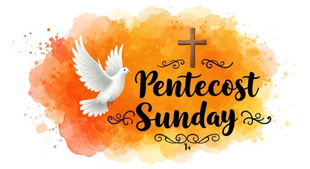 Pentecost Sunday Celebration. white dove and cross with Watercolor background