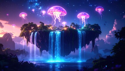 Glowing jellyfish float above a lush, floating island with waterfalls at twilight