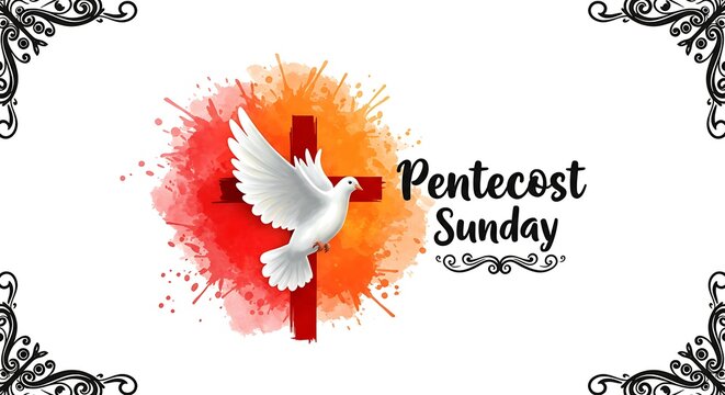 Pentecost Sunday Celebration. white dove and cross with Watercolor background
