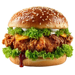 Delicious crispy fried chicken burger with cheese and fresh green lettuce isolated on transpirant background