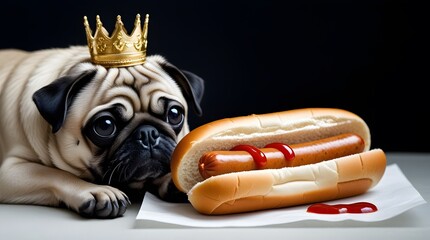 Cute Pug Wearing Crown Lying Beside Hot Dogs with Ketchup