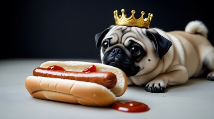 Cute Pug Wearing Crown Lying Beside Hot Dogs with Ketchup