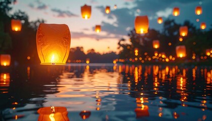 Floating lanterns illuminate water at dusk