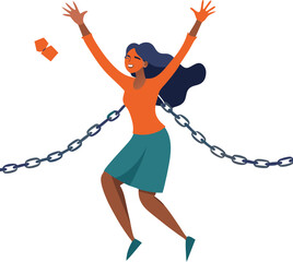 Slave trade and abolition International day remembrance concept. Positive female jumping out of broken metal chains with hands raised up feeling happy stock illustration