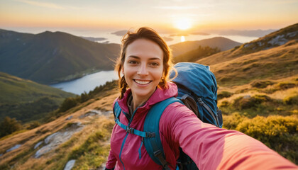 Naklejka premium woman hiker in mountains