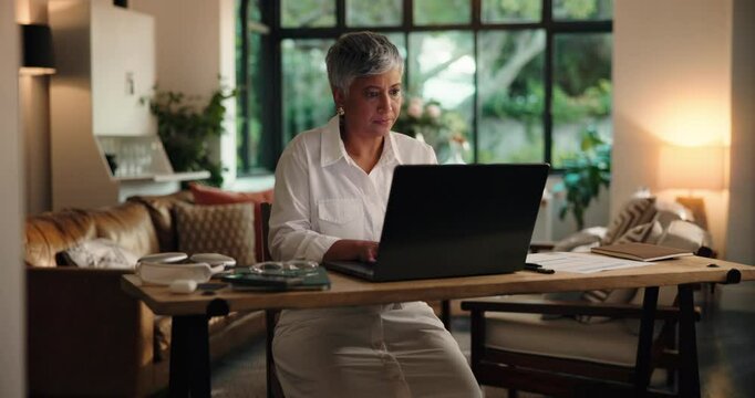 Remote work from home, laptop and woman with creativity, copywriting and deadline for news report. Mature person, brainstorming and computer with planning, answer email and proofreading for article