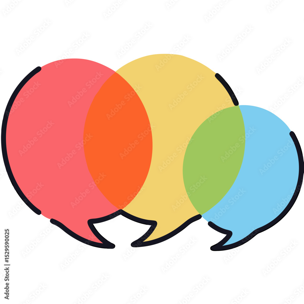 Poster overlapping colorful speech bubbles with black outlines representing communication