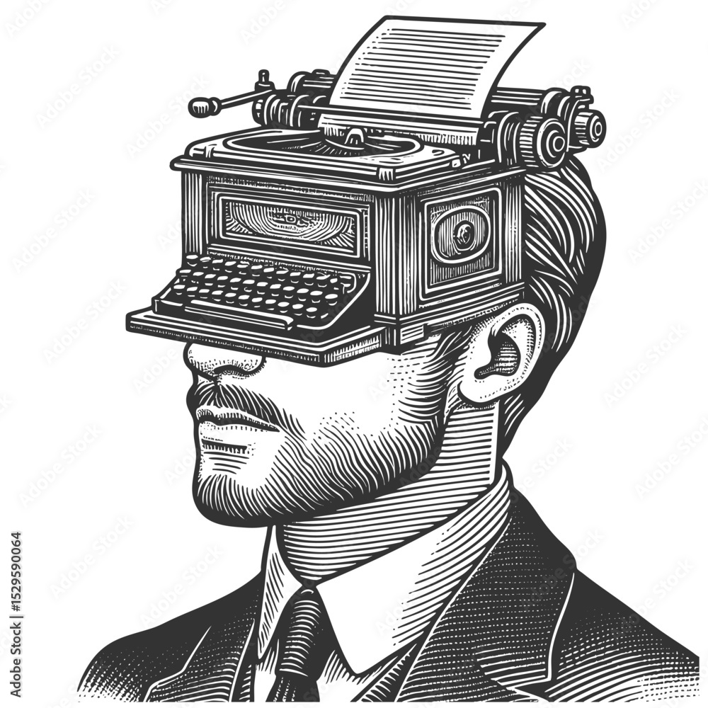 Poster man in a suit with a typewriter for a head, symbolizing creativity or writing obsession sketch engra
