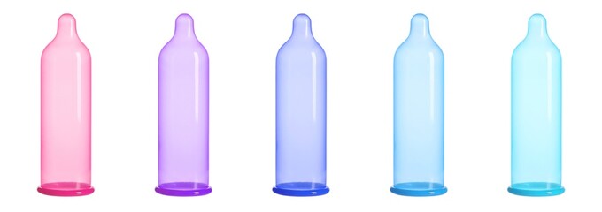Colorful unrolled inflated standing condom transparent PNG set bundle, isolated background. Pink, purple, blue, cyan color. Condoms product presentation, safe sex contraceptive, male potency