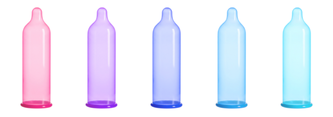 Colorful unrolled inflated standing condom transparent PNG set bundle, isolated background. Pink, purple, blue, cyan color. Condoms product presentation, safe sex contraceptive, male potency
