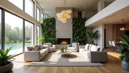 Obraz premium Spacious modern living room with large windows and a living wall.