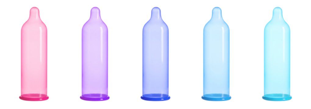 Colorful unrolled inflated standing condom transparent PNG set bundle, isolated background. Pink, purple, blue, cyan color. Condoms product presentation, safe sex contraceptive, male potency