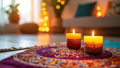 Lit candles atop patterned rug, soft glow, interior setting
