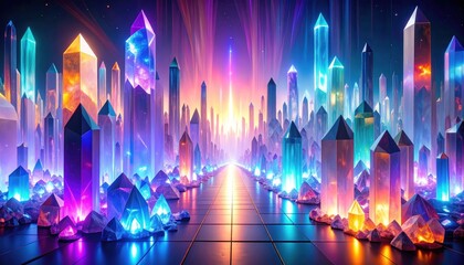 Crystal city skyline bathed in neon light rays, futuristic and vibrant