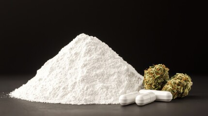 Cannabis and fentanyl concept with powder and pills