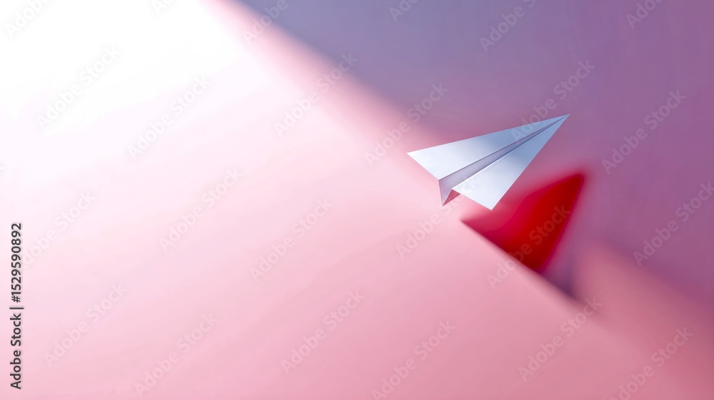 Poster a paper airplane in flight across a soft pastel background. this image captures motion and creativit