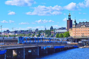 Railway tracks and trains near Stockholms main train station in Norrmalm area, Stockholm, Sweden