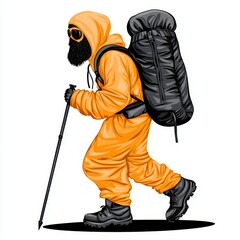 Pixel Art of a Hiker in Orange Protective Suit with Gas Mask and Backpack on White
