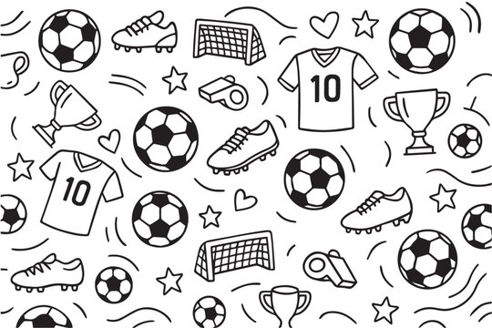 Fototapeta Outlined vector background in black and white, filled with soccer themed elements like balls and goals, drawn in bold lines and simple forms.