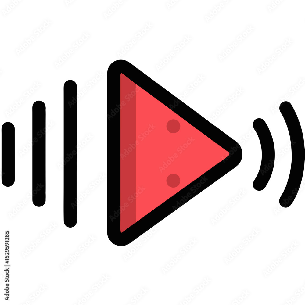 Poster red play button with sound waves and vertical bars icon