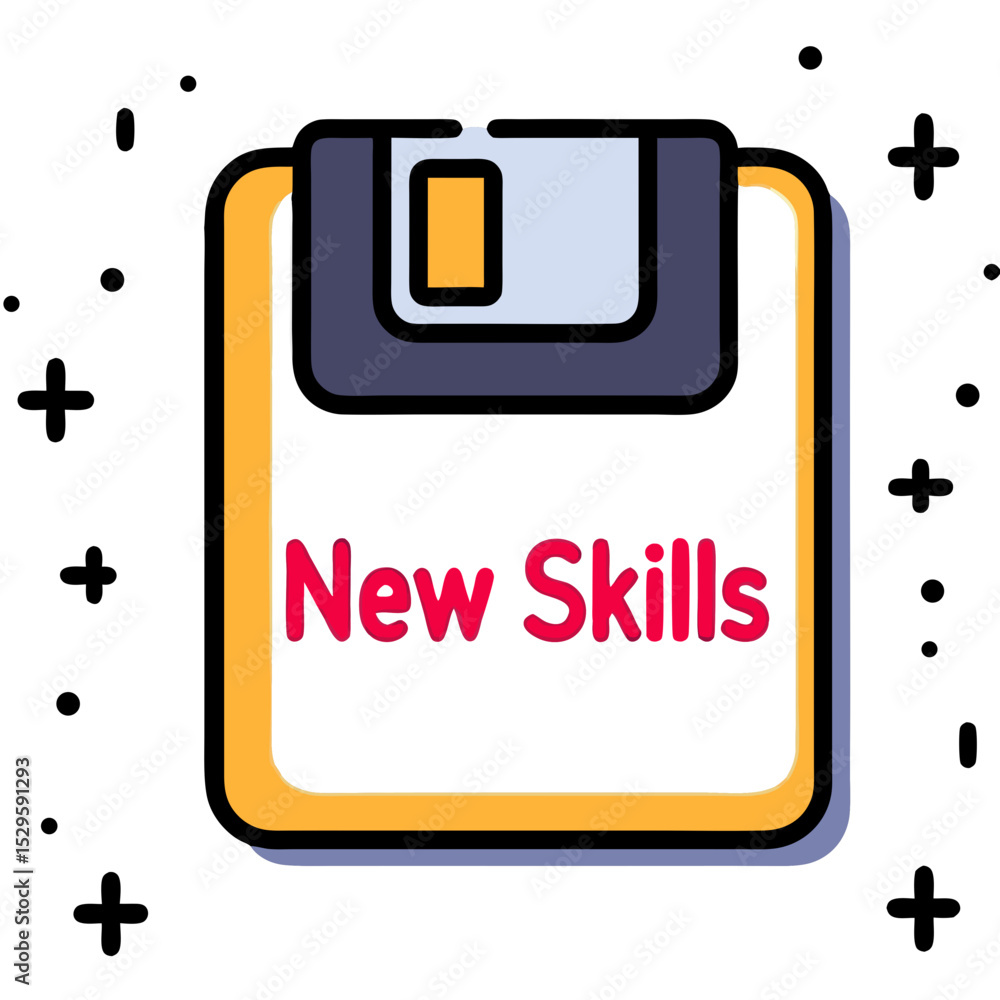 Poster retro floppy disk icon with new skills text modern learning concept